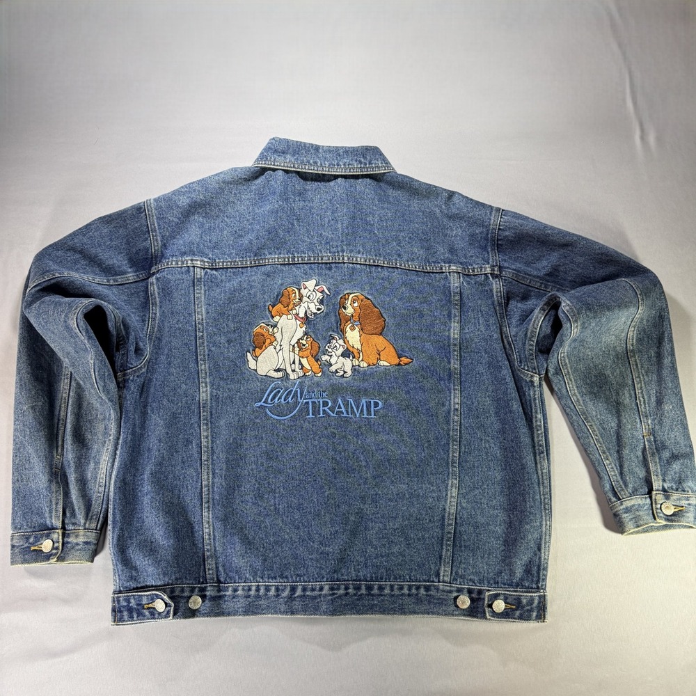 Disney Catalog Lady and the Tramp Embroidered Denim Jacket Large Medium Wash Vtg
